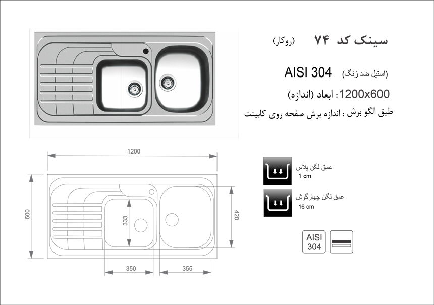 سینک ظرفشویی روکار کد 74 اخوان